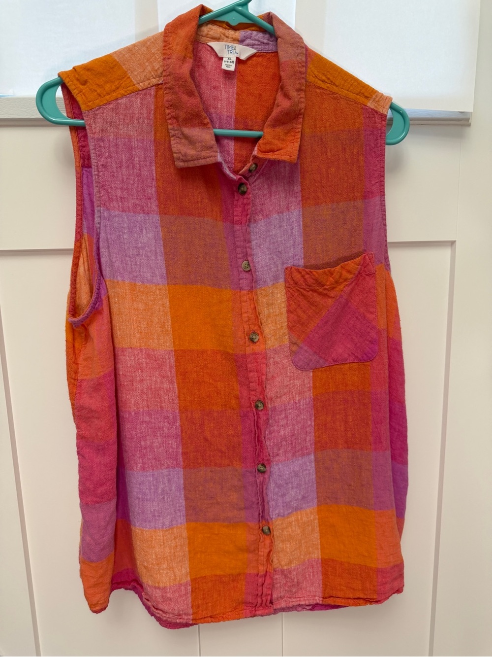 Time and Tru Sleeveless Plaid Button-Up Shirt - Bright Orange & Pink
